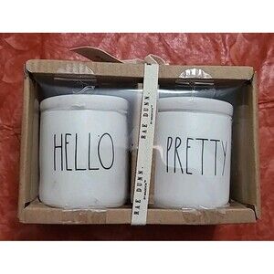 Rae Dunn Set * 2 'HELLO" & "PRETTY" Small *Black  Heart Knob Canister